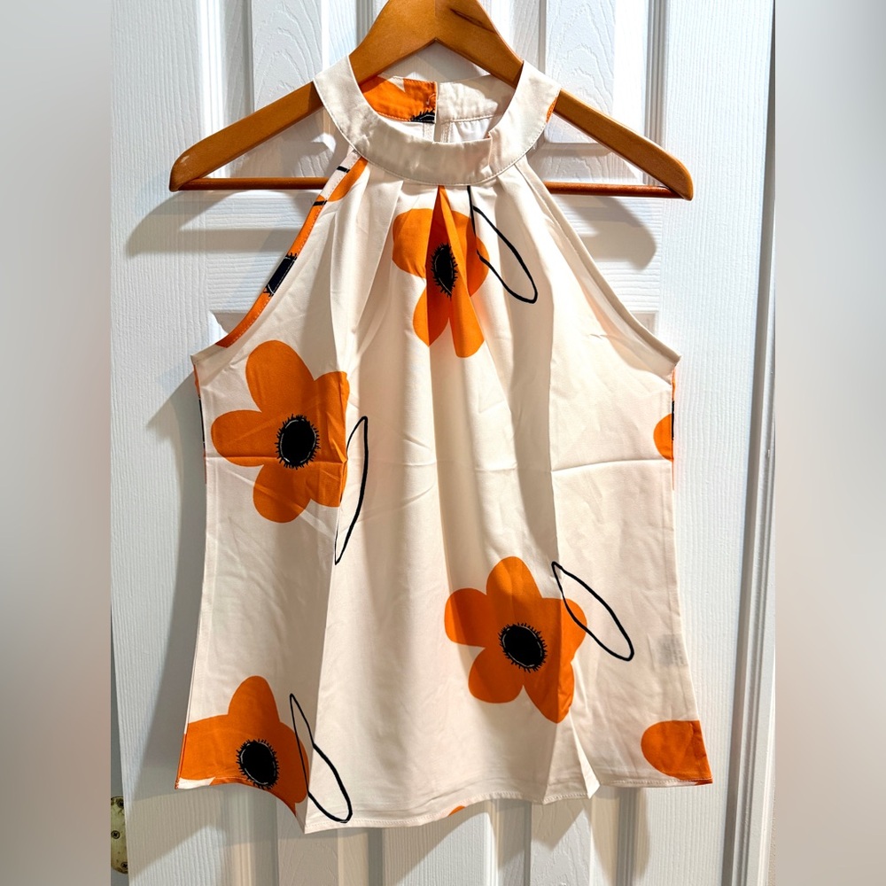 NWOT Women’s Halter Floral Blouse in White & Orange S - Picture 3 of 9